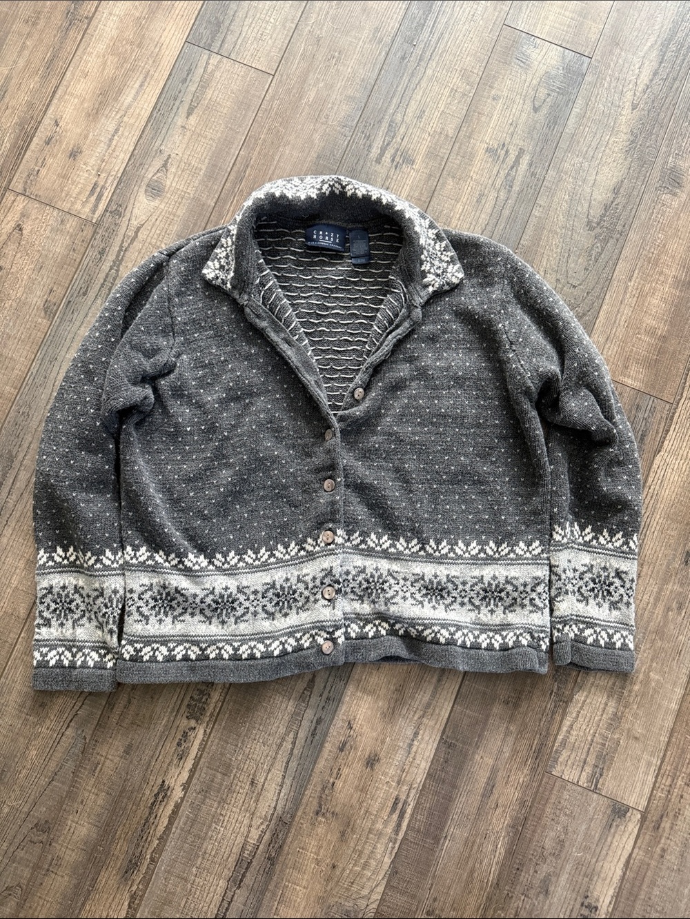 Liz Claiborne Dark Gray Fair Isle Button Cardigan